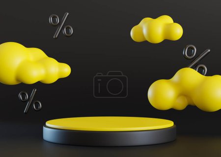 Yellow podium with black discount signs and clouds. Black friday sale. Special offer, good price, deal, shopping. Scene for product, cosmetic presentation. Mock up, stage with percent symbols. 3D
