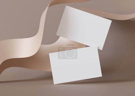 Zwei leere Visitenkarten, die über einem welligen beigen Hintergrund schweben, perfekt für Designer, um Corporate Identity oder Branding zu zeigen. Visitenkarten-Attrappe. Europäische Größe 3,25 x 2,17 Zoll. Visitenkarte. 3D