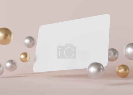 Elegante maqueta de tarjetas de visita blancas rodeada de esferas metálicas flotantes sobre un delicado fondo beige, ideal para mostrar la marca de moda y artística. Tamaño europeo, 3,25 x 2,17 pulgadas. Tarjeta de visita. 3D