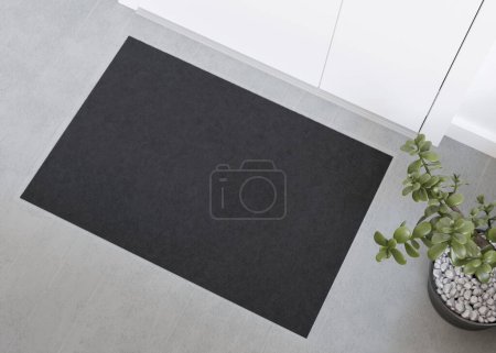 Sleek black doormat mockup in a contemporary setting, perfect for displaying logos or custom prints in a home or office entrance. Welcome mat with copy space. Doormat mock up. Carpet at entrance. 3D