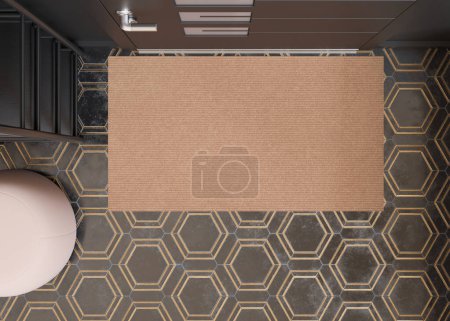 Leere braune Türmatte auf elegantem Fliesenboden, perfekt zur Präsentation von kundenspezifischen Drucken oder Firmenlogos, geeignet für Designvorschauen. Willkommensmatte mit Kopierraum. Fußmatten-Attrappe auf. Teppich am Eingang. 3D