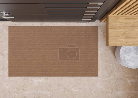 Blank brown door mat on marble tiles floor, perfect for showcasing custom prints or company logos, suitable for design previews. Welcome mat with copy space. Doormat mock up. Carpet at entrance. 3D