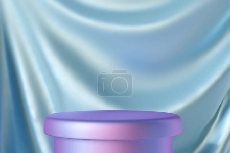 Luxurious holographic podium against draped satin background, ideal for showcasing cosmetics or jewelry in elegant marketing visuals and displays. Mock up. Copy space for product. Color gradient. 3D