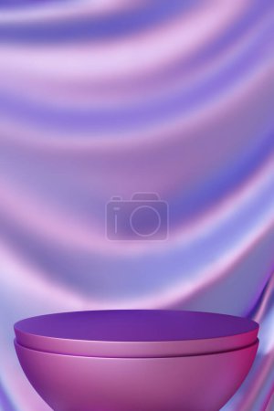 Holographic podium against draped satin background, ideal for showcasing cosmetics or jewelry in elegant marketing visuals and displays. Vertical mock up. Copy space for product. Color gradient. 3D