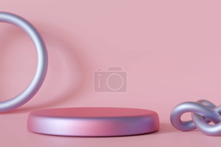 Stylisches holographisches Podium vor rosa Hintergrund, ideal für die Präsentation von Kosmetik oder Schmuck in eleganten Marketing-Visuals und Displays. Attrappe auf. Kopierraum für Produkt. Farbverlauf. 3D