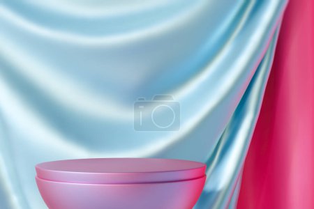 Lujoso podio holográfico sobre fondo satinado drapeado, ideal para exhibir cosméticos o joyas en elegantes visuales y pantallas de marketing. Prepárate. Copia espacio para el producto. Gradiente de color. 3D