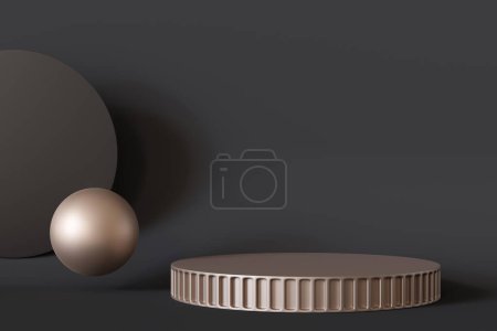 Elegant product presentation podium with geometric shapes against a dark backdrop, ideal for high-end merchandise display and branding. Mock up. Background with empty, copy space. 3D render