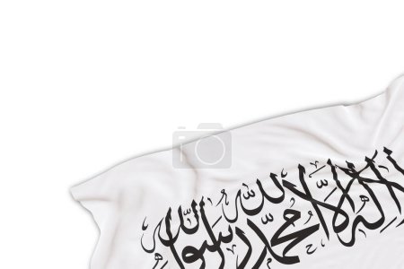 Realistic Taliban flag with folds, isolated on white background. Footer, corner design element. Perfect for patriotic themes or national event promotions. Empty, copy space. 3D render