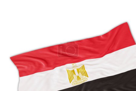 Bandera realista de Egipto con pliegues, aislada sobre fondo blanco. Pie de página, elemento de diseño de esquina. Perfecto para temas patrióticos o promociones de eventos nacionales. Vacío, espacio de copia. Renderizado 3D