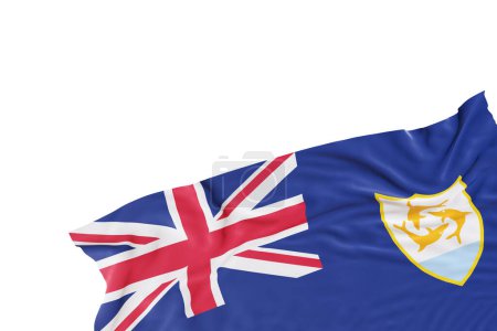 Realistische Flagge von Anguilla mit Falten, isoliert auf weißem Hintergrund. Fußzeile, Eckgestaltungselement. Rausschneiden. Perfekt für patriotische Themen oder nationale Veranstaltungen. Leer, Kopierraum. 3D-Renderer
