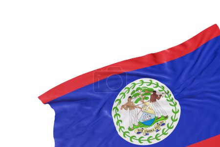 Drapeau réaliste du Belize avec plis, isolé sur fond blanc. Pied de page, élément de design d'angle. Arrête. Parfait pour les thèmes patriotiques ou les promotions d'événements nationaux. Vide, espace de copie. rendu 3D