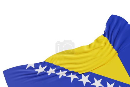 Realistic flag of Bosnia and Herzegovina with folds, isolated on white background. Footer, corner design element. Perfect for patriotic themes or national event promotions. Copy space. 3D render