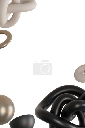 Foto de Marco elegante y minimalista con formas 3D abstractas, flotantes, negras, beige y metálicas, aisladas sobre fondo blanco. Frontera moderna. Copia el espacio en el medio. Tonos neutros. Renderizado 3D - Imagen libre de derechos