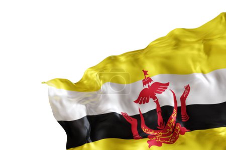 Realistic flag of Brunei with folds, isolated on white background. Footer, corner design element. Cut out. Perfect for patriotic themes or national event promotions. Empty, copy space. 3D render