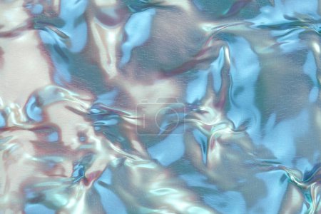 Metallic sheen and soft blue hues meld in this Y2K style abstract background, ideal for invoking a retro-futuristic vibe in design projects. Color gradient. Iridescent surface. 3D