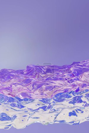 Fluid holographic waves on purple background, ideal for futuristic designs, Y2K-themed graphics, or trendy digital backdrops. Iridescent surface. Copy space for text. Vertical format. 3D render