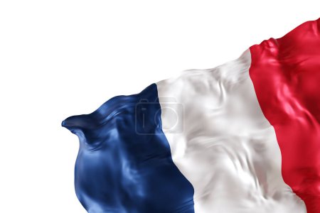 Realistic flag of France with folds, isolated on white background. Footer, corner design element. Cut out. Perfect for patriotic themes or national event promotions. Empty, copy space. 3D render