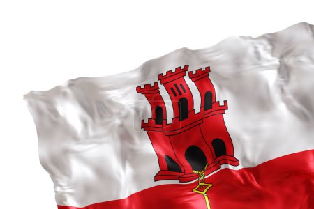 Realistische Flagge von Gibraltar mit Falten, isoliert auf weißem Hintergrund. Fußzeile, Eckgestaltungselement. Rausschneiden. Perfekt für patriotische Themen oder nationale Veranstaltungen. Leer, Kopierraum. 3D-Renderer