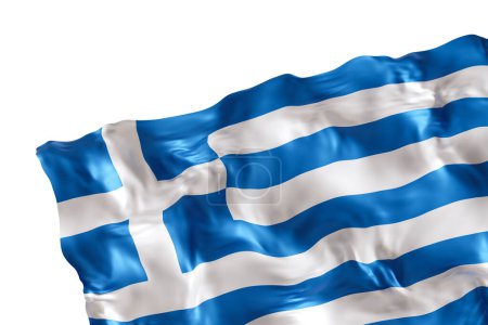 Realistic flag of Greece with folds, isolated on white background. Footer, corner design element. Cut out. Perfect for patriotic themes or national event promotions. Empty, copy space. 3D render