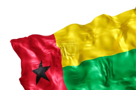Realistische Flagge von Guinea Bissau mit Falten, isoliert auf weißem Hintergrund. Fußzeile, Eckgestaltungselement. Rausschneiden. Perfekt für patriotische Themen oder nationale Veranstaltungen. Leer, Kopierraum. 3D