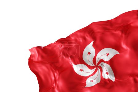 Realistic flag of Hong Kong with folds, isolated on white background. Footer, corner design element. Cut out. Perfect for patriotic themes or national event promotions. Empty, copy space. 3D render