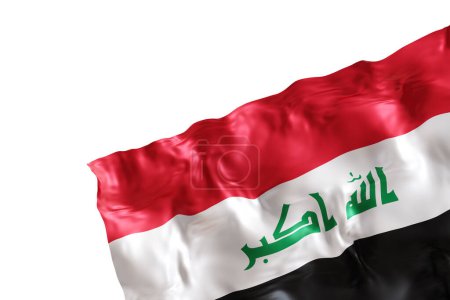 Bandera realista de Irak con pliegues, aislada sobre fondo blanco. Pie de página, elemento de diseño de esquina. Corta. Perfecto para temas patrióticos o promociones de eventos nacionales. Vacío, espacio de copia. Renderizado 3D