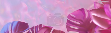 Surrealer holografischer Hintergrund mit lebendigen tropischen Blättern vor weichem, wellenförmigem rosa Hintergrund, perfekt für die Textplatzierung. Farbverlauf, Y2k-Stil, 2000er Jahre. Schillernde Oberfläche. 3D-Renderer