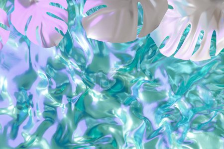 Lustrous holographic waves interplay with floating tropical leaves in this vibrant background. Copy space for text. Color gradient, y2k style, 2000s. Iridescent surface. Monstera plant. 3D render