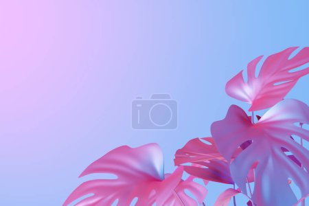 Ätherischer holographischer Hintergrund mit leuchtenden rosa und blauen Farbtönen mit tropischen Blättern. Kopieren Sie Platz für Text. Farbverlauf, Y2k-Stil, 2000er Jahre. Schillernde Oberfläche. Monstera. 3D-Renderer