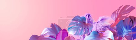 Surreal rosa Farbverlauf Hintergrund mit lebhaften holographischen tropischen Blättern in violetten und blauen Tönen. Kopieren Sie Platz für Text. Farbverlauf, Y2k-Stil, 2000er Jahre. Schillernde Oberfläche. Monstera. 3D-Renderer