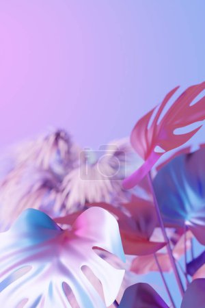 Ätherischer holographischer Hintergrund mit leuchtenden rosa und blauen Farbtönen mit tropischen Blättern. Kopieren Sie Platz für Text. Farbverlauf, Y2k-Stil, 2000er Jahre. Schillernde Oberfläche. Monstera. Vertikales Format. 3D