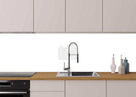 Moderne Küche Splashback-Attrappe. Küchenmöbel und leere weiße isolierte Rückwand bereit, Bild einzufügen, zu drucken. Minimalistisches Design. Hintere Wand Attrappe, Vorlage. Arbeitsplatte und Oberschränke. 3D