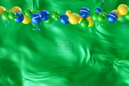 Festlicher Ballonkranz mit Brasiliens Nationalfarben Grün, Gelb und Blau, geschmückt mit dem Motto Ordem e Progresso. Brasilianischer Unabhängigkeitstag. Kopieren Sie Platz für Text. 3D-Renderer