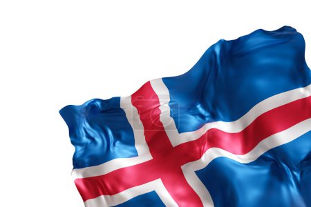 Realistische isländische Flagge mit Falten, isoliert auf weißem Hintergrund. Fußzeile, Eckgestaltungselement. Rausschneiden. Perfekt für patriotische Themen oder nationale Veranstaltungen. Leer, Kopierraum. 3D-Renderer
