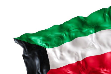 Realistische Fahne von Kuwait mit Falten, isoliert auf weißem Hintergrund. Fußzeile, Eckgestaltungselement. Rausschneiden. Perfekt für patriotische Themen oder nationale Veranstaltungen. Leer, Kopierraum. 3D-Renderer
