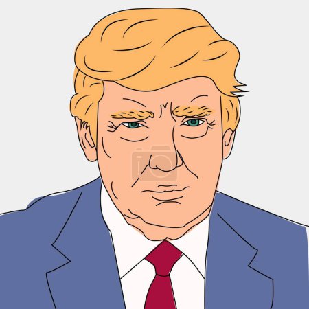Illustration for Tuesday, September, 26 2023 - Portrait of Donald Trump in a blue suit. Vector illustration pop art. - Royalty Free Image