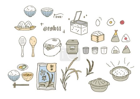 Illustrationsset aus Reis, Reisbällchen und Reiskocher