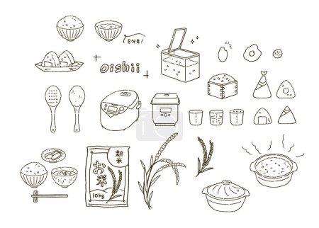 Illustrationsset aus Reis, Reisbällchen und Reiskocher