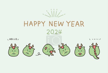 Téléchargez les illustrations : 2024 Carte du Nouvel An - Illustration de l'Année du Dragon avec Cocoons mignons - en licence libre de droit