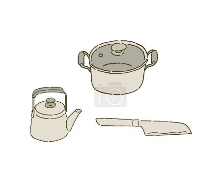 Téléchargez les illustrations : Touche décontractée Ensemble d'illustration de casserole, couteau et bouilloire - en licence libre de droit