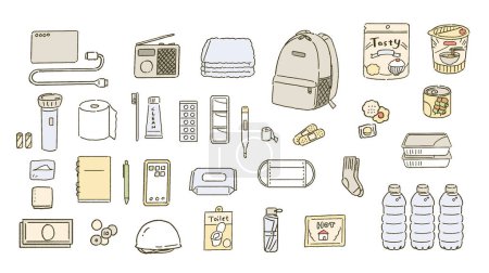 Illustration set of disaster prevention goods for earthquakes and disasters