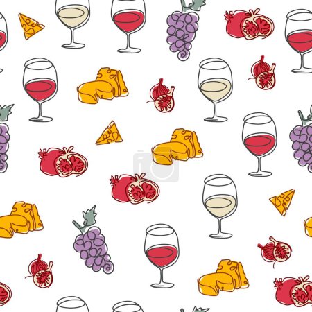 Illustration for Vineyard Picnic Wine Gastronomic Doodles Pattern can be use for background and apparel design - Royalty Free Image