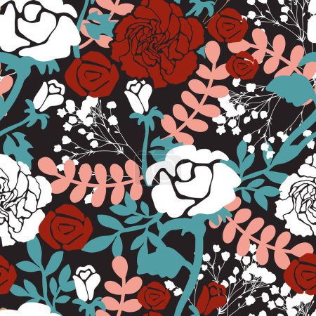 White and Red Rose Floral Rendezvous Pattern kann für Hintergrund-und Bekleidungsdesign verwendet werden
