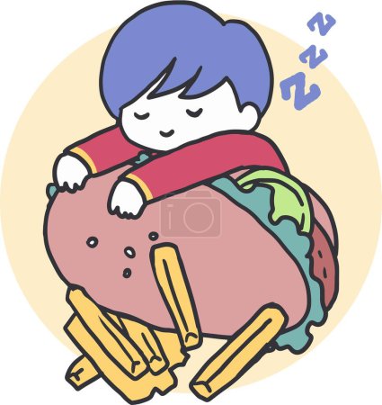 Illustration for A Child Happy Slumber Comfort Food Cuddles. Ideal for children's decor, food-related marketing, or any creative project. - Royalty Free Image
