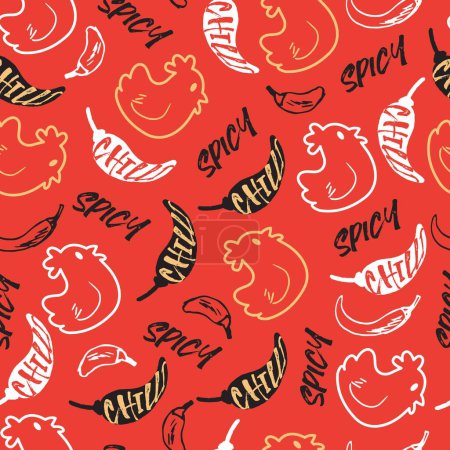 Illustration for Fiery Spicy Chicken and Chili Peppers Pattern can be use for background and apparel design - Royalty Free Image