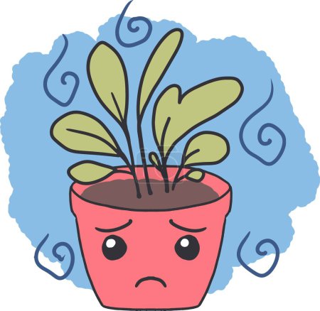 Illustration for Blue Botanical Unhappy Pot with Dejected Greens. Ideal for sparking discussions on plant care, environmental awareness, or representing emotional themes in storytelling. - Royalty Free Image