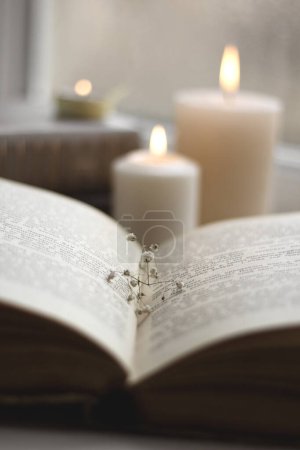 Photo for Old books and candles. Cozy postcard. White flowers. Romantic photo. A simple winter decoration on the windowsill. - Royalty Free Image