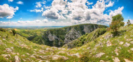 Amazing view of Turda Gorge (Cheile Turzii) natural reserve with marked trails for hikes on Hasdate river. Top view. Location: near Turda close to Cluj-Napoca, in Transylvania, Romania, Europe
