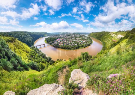 Photo for Amazing panoramic view from above to famous ukraininan city Zaleshchiki in the Dnister river canyon. Ukraine, Ternopil region - Royalty Free Image