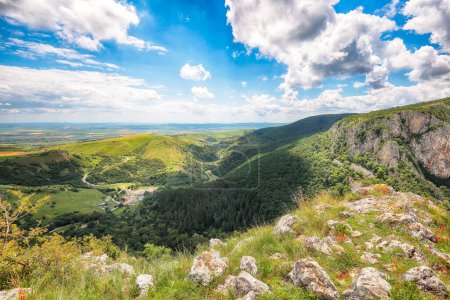 Amazing view of Turda Gorge (Cheile Turzii) natural reserve with marked trails for hikes on Hasdate river. Top view. Location: near Turda close to Cluj-Napoca, in Transylvania, Romania, Europe